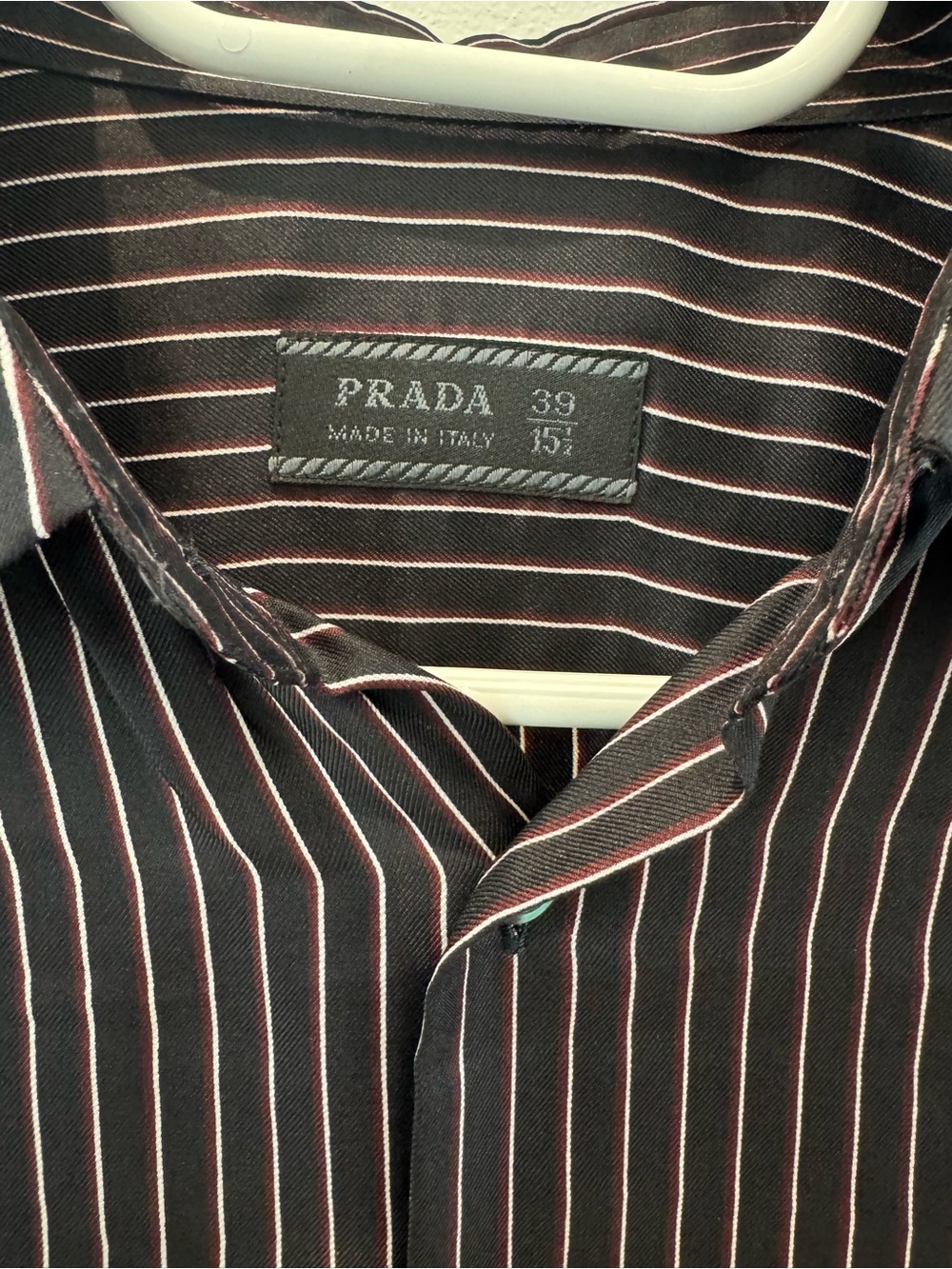 Prada Black Shirt with White and Burgundy Pinstripes